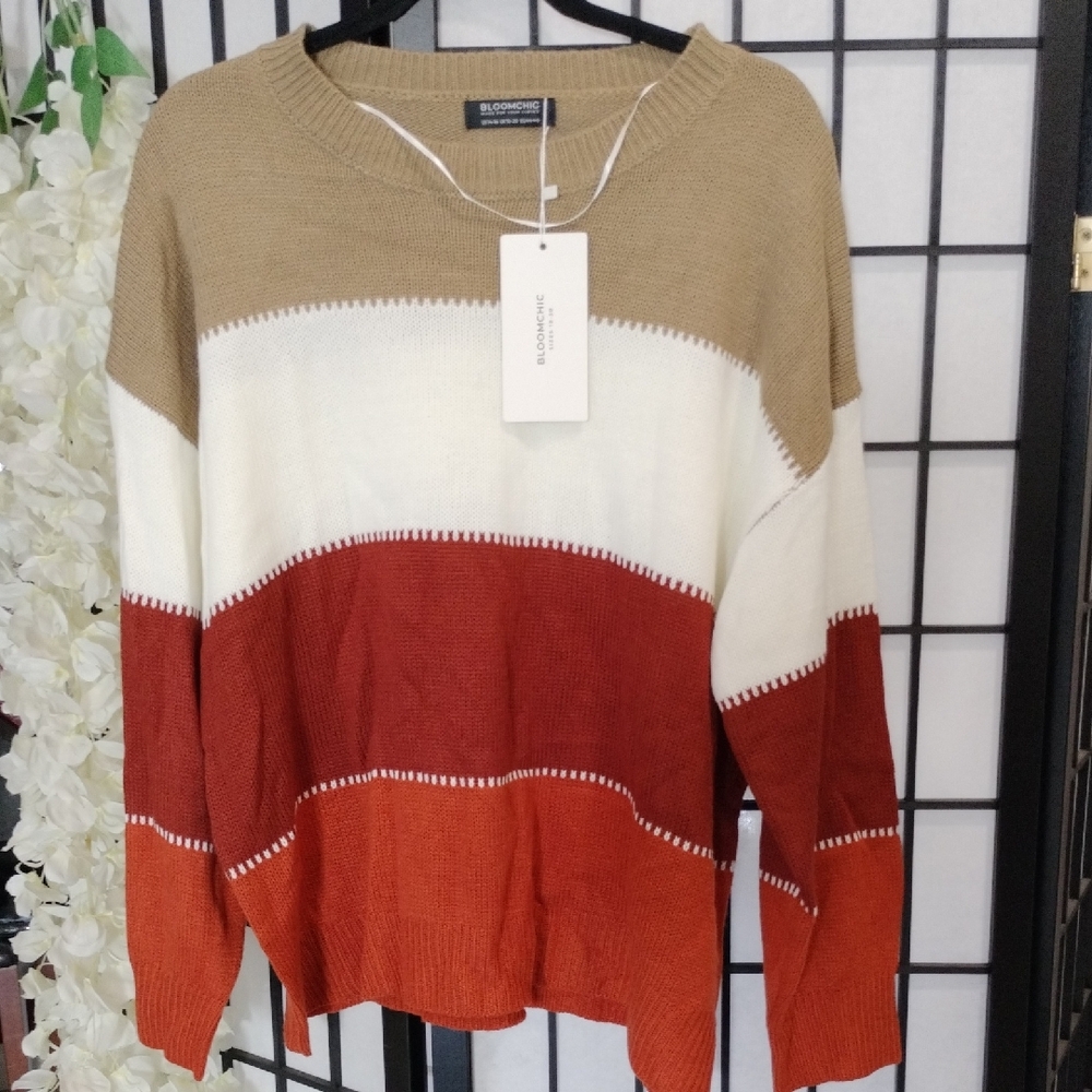 Bloomchic Colorblock Crewneck Sweater - Camel, Cream & Rust
